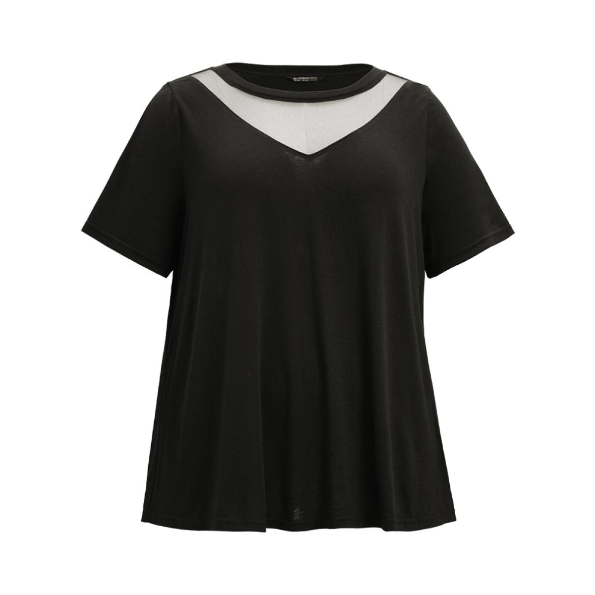 Plus Size Solid Round Neck Mesh Patchwork T-shirt Black Women Elegant See through Plain Round Neck Dailywear T-shirts BloomChic 30/6X Product Image