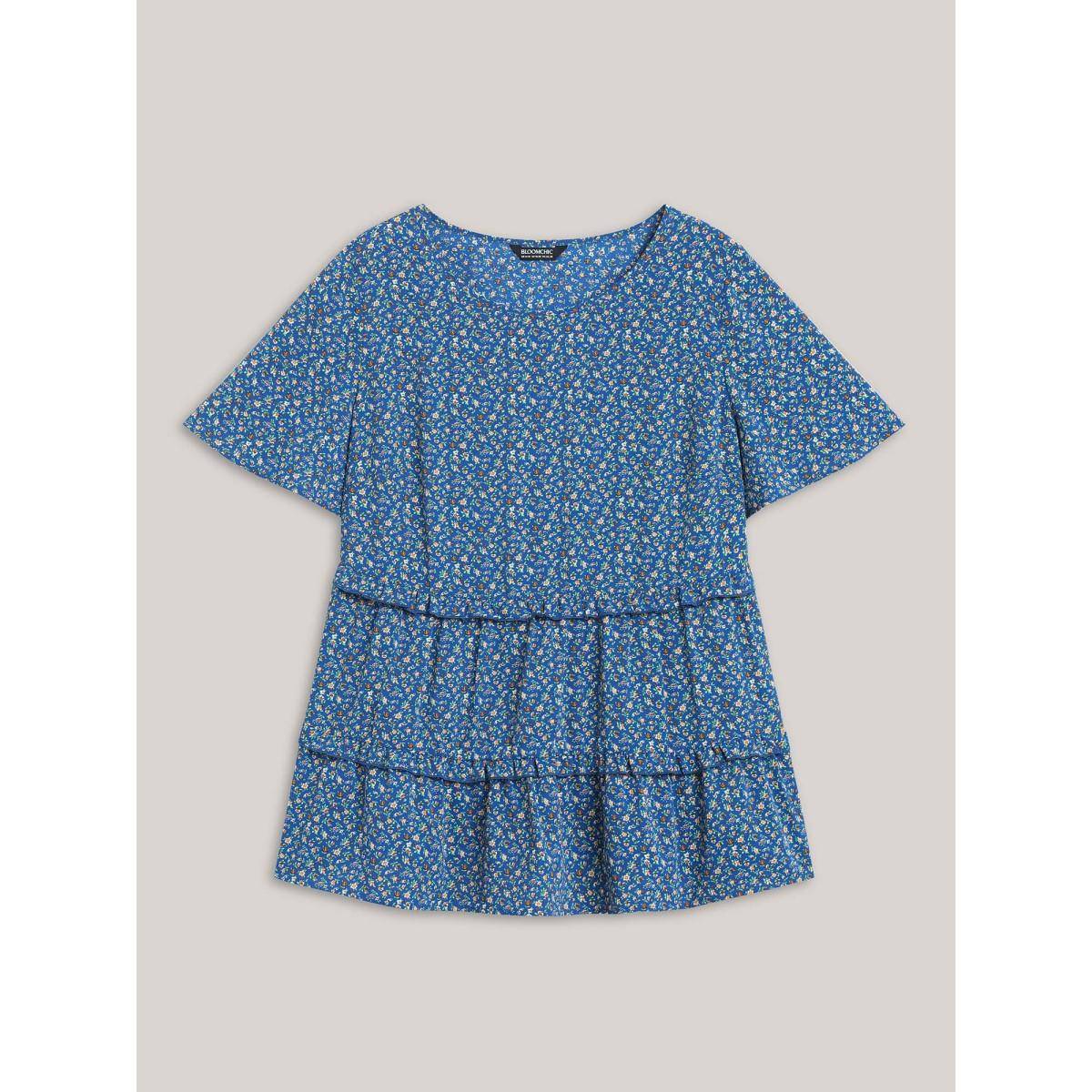 Plus Size Mediumblue Ditsy Floral Print Ruffled Tiered Blouse Women Timeless Short sleeve Round Neck Elegant Blouses BloomChic 14-16/1X Product Image