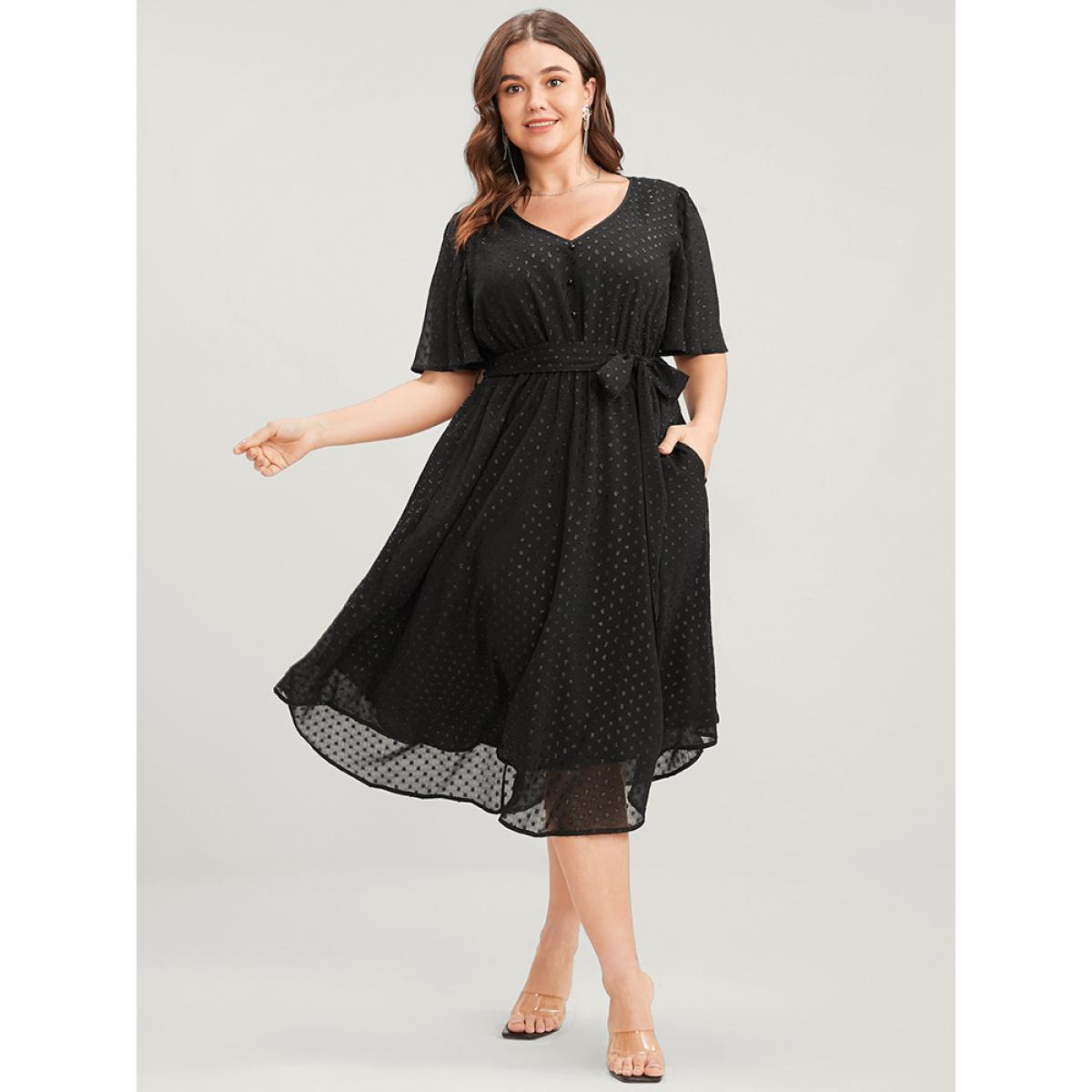 Plus Size Glitter Polka Dot V Neck Pocket Belted Ruffles Hem Dress Black Women Glamour Asymmetrical V-neck Short sleeve Curvy Midi Dress BloomChic 30/6X Product Image