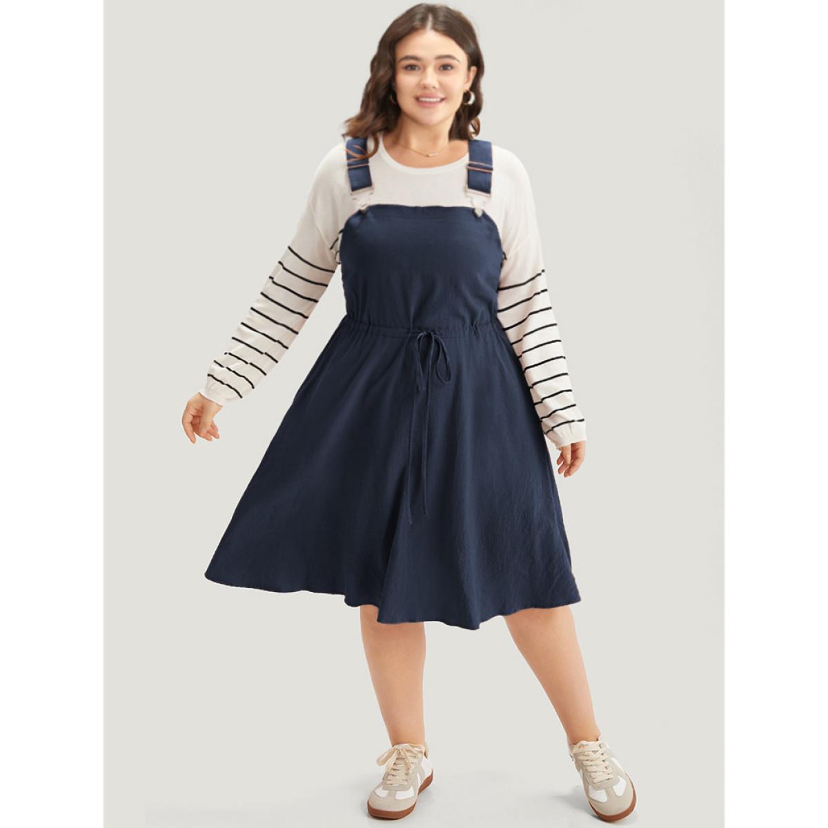 Plus Size Plain Drawstring Pocket Metal Detail Suspender Skirt Indigo Women Casual Adjustable Straps Spaghetti Strap Sleeveless Curvy Midi Dress BloomChic 18-20/2X Product Image