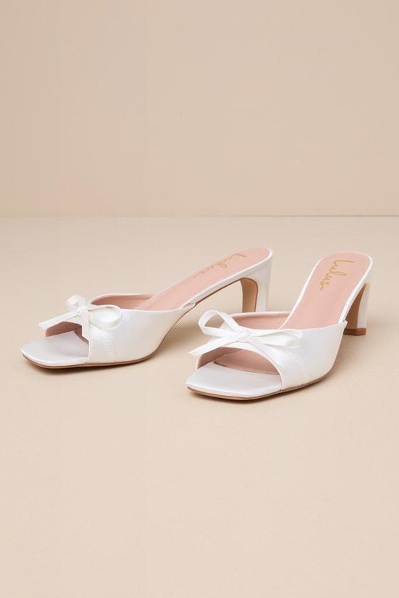 Gilzean White Satin Bow High Heel Slide Sandals Product Image