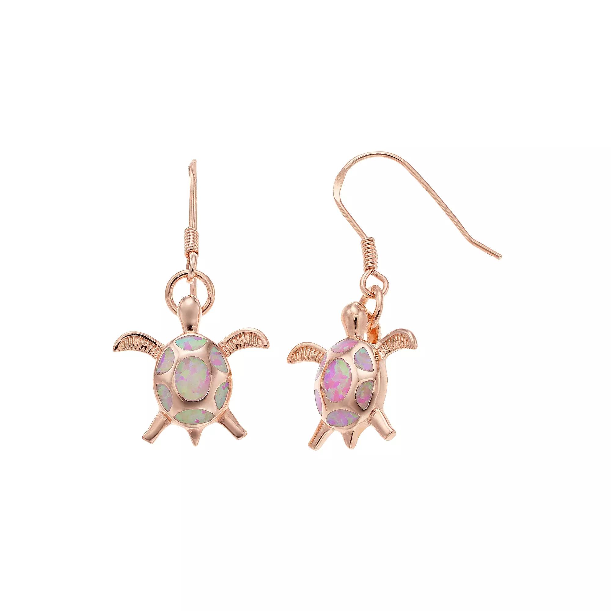 14k Rose Gold Over Silver Lab-Created Pink Opal Turtle Drop Earrings, Women's, Pink Tone Product Image