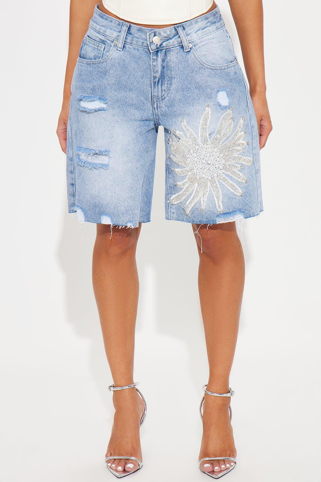 Paulina Pearl Embellished Bermuda Denim Shorts - Medium Wash Product Image