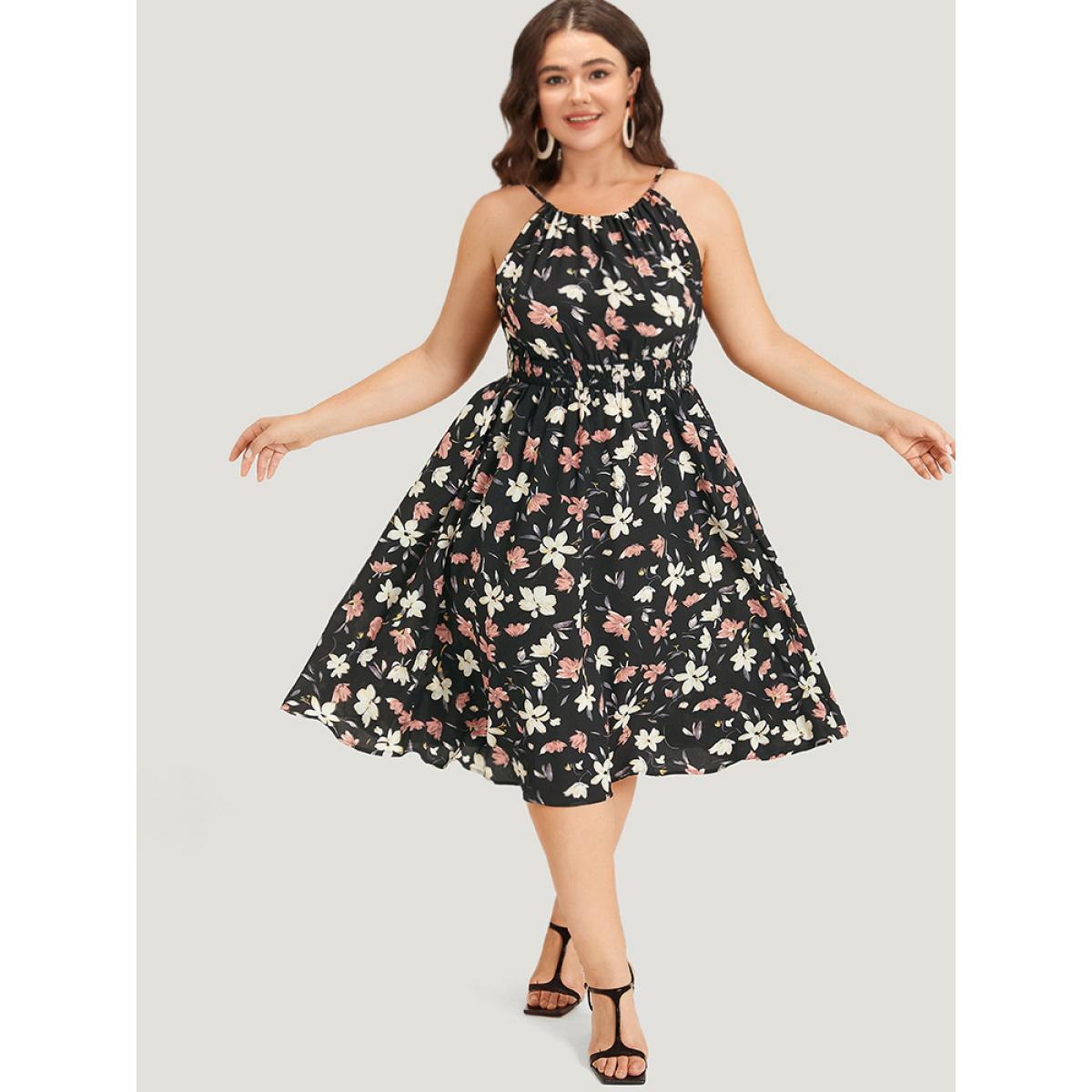 Plus Size Floral Print Halter Shirred Pocket Ruffle Hem Dress BlackFlower Women Elegant Knotted Cold Shoulder Sleeveless Curvy Knee Dress BloomChic 10/M Product Image