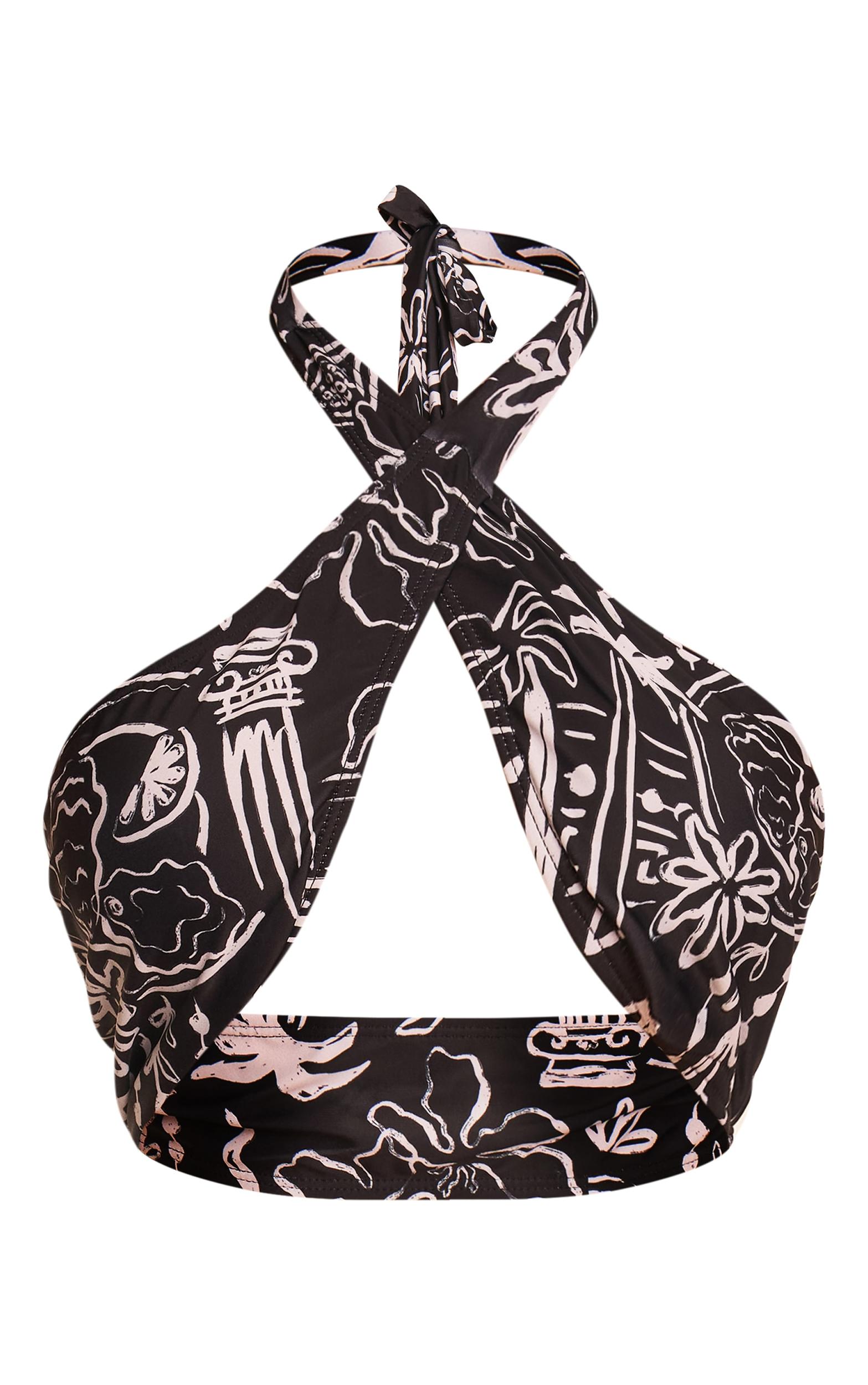 Black Monochrome Floral Halter Bikini Top Product Image