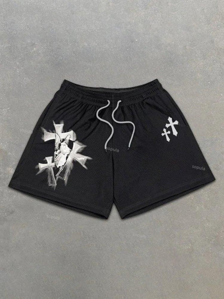 Black Trend Cross Belief Print Mesh Shorts Product Image