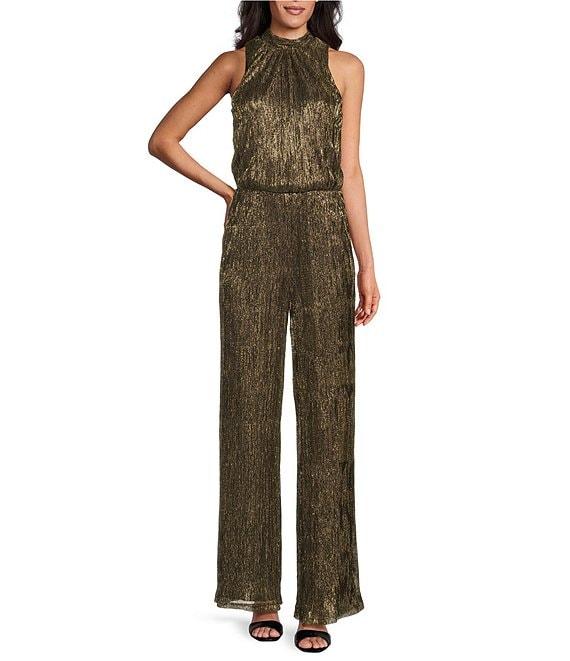 Marina Halter Neck Sleeveless Tie Back Metallic Wide Leg Jumpsuit Product Image