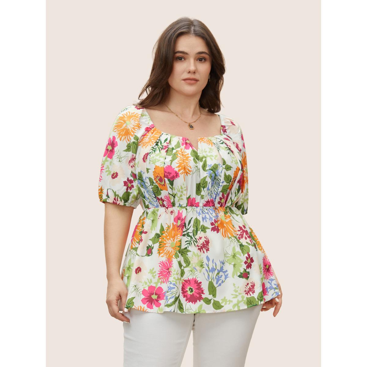 Plus Size Multicolor Floral Notched Collar Lantern Sleeve Blouse Women Elegant Half Sleeve Notched collar Everyday Blouses BloomChic 22-24/3X Product Image