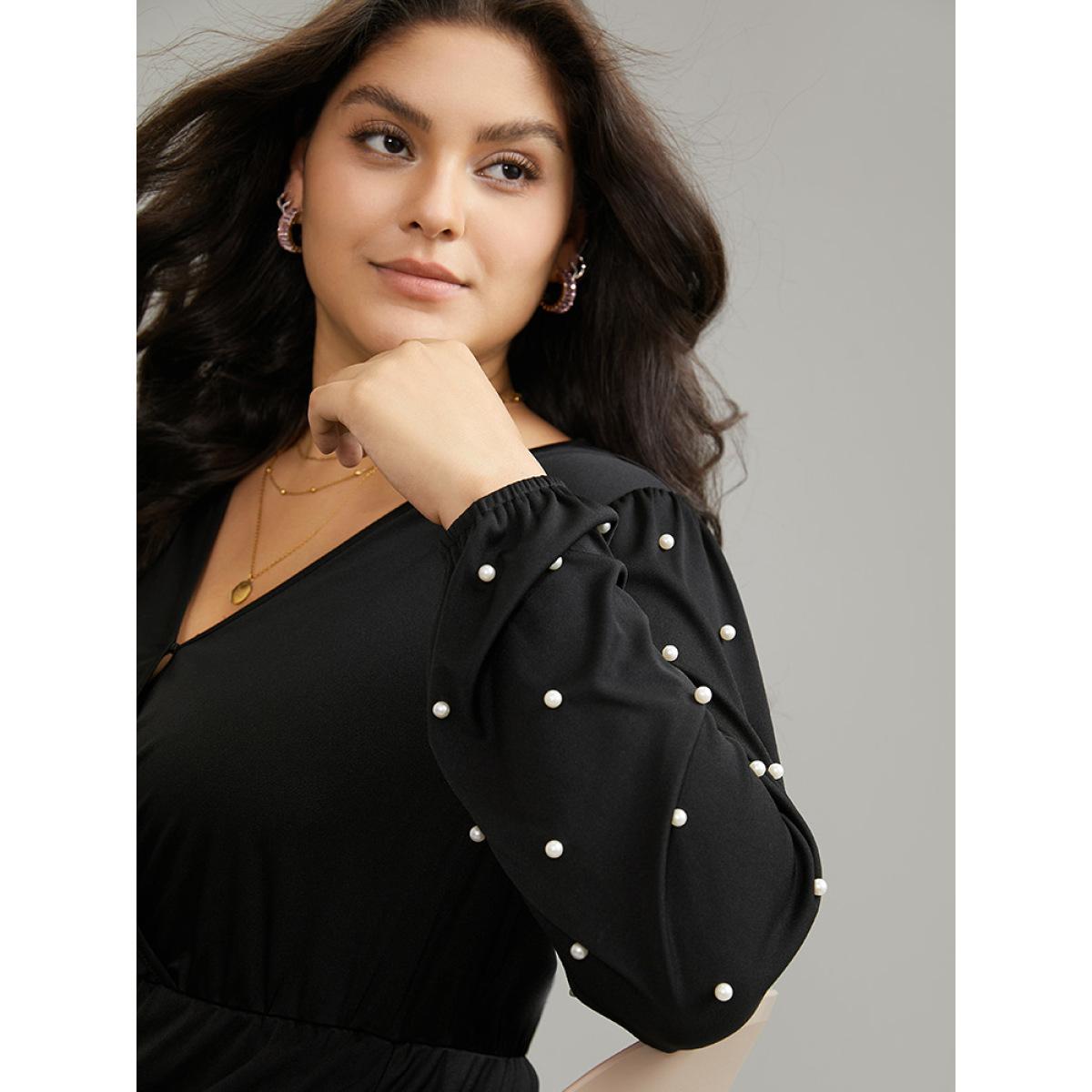 Plus Size Beaded Overlap Collar Pocket Elastic Waist Dress Black Women Elegant Elastic cuffs Overlap Collar Long Sleeve Curvy Midi Dress BloomChic 18-20/2X Product Image