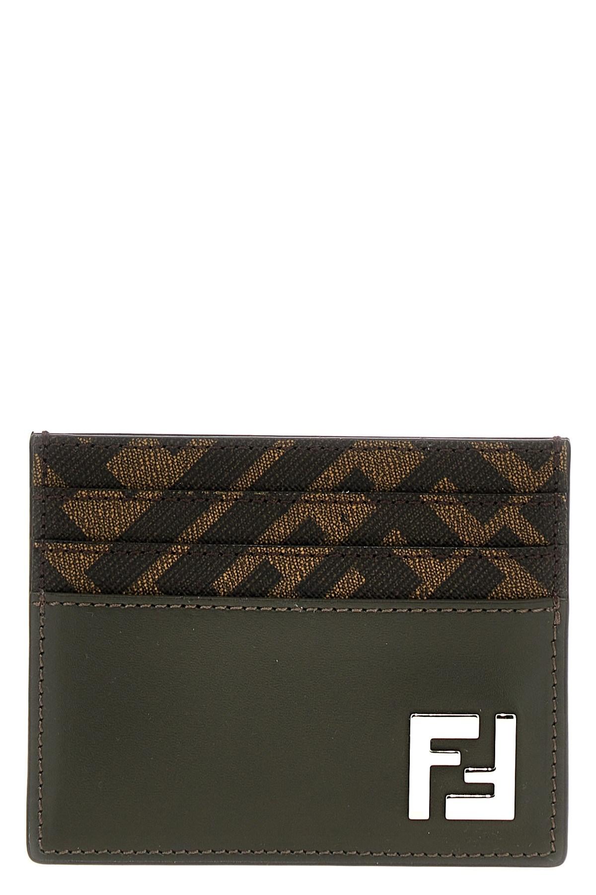 FENDI Brown Card-holder With Squared Ff Motif In Leather And Ff Canvas Man In Ebony Product Image