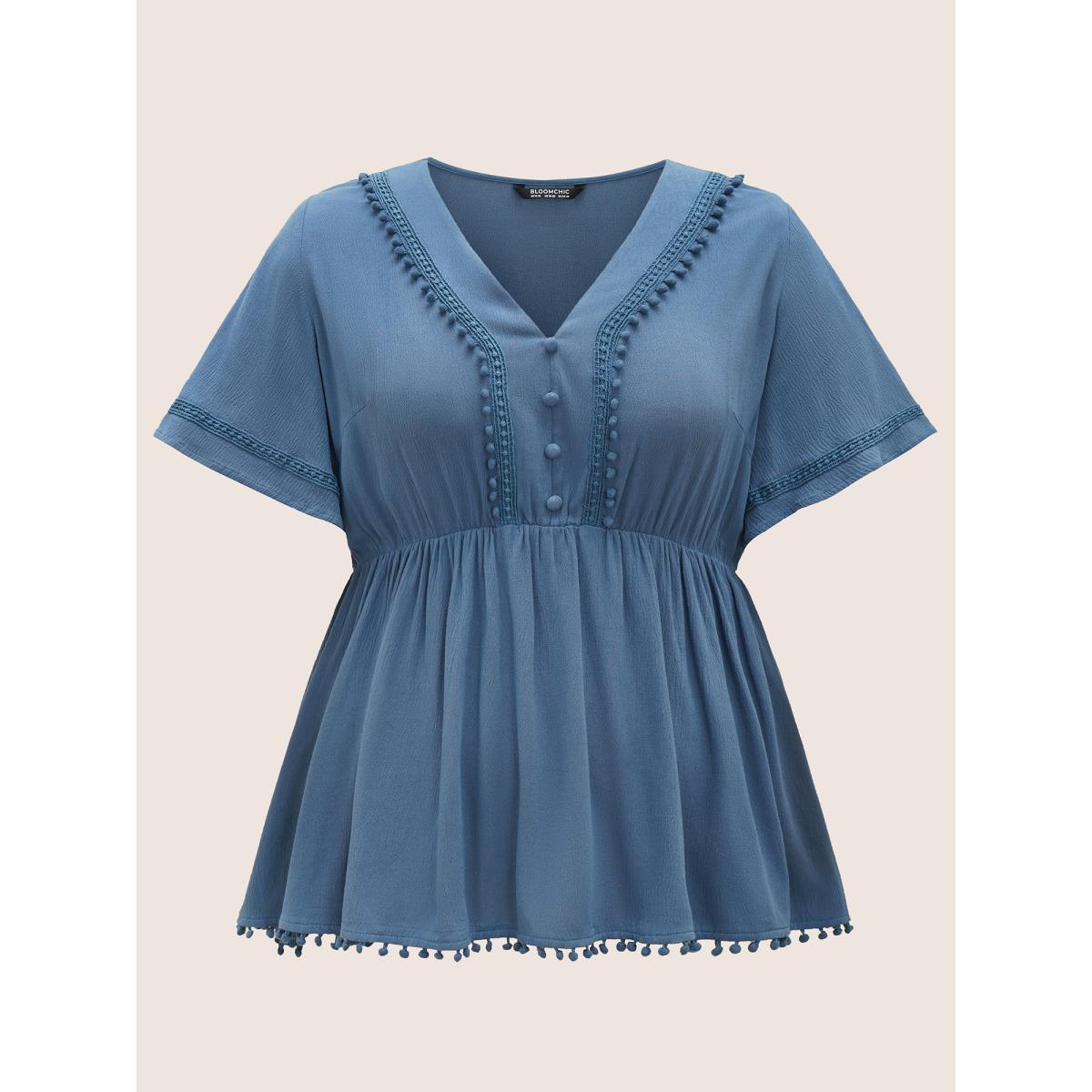 Plus Size Aegean Rayon Plain Button Detail Pompom Trim Blouse Women Resort Short sleeve V-neck Vacation Blouses BloomChic 18-20/2X Product Image