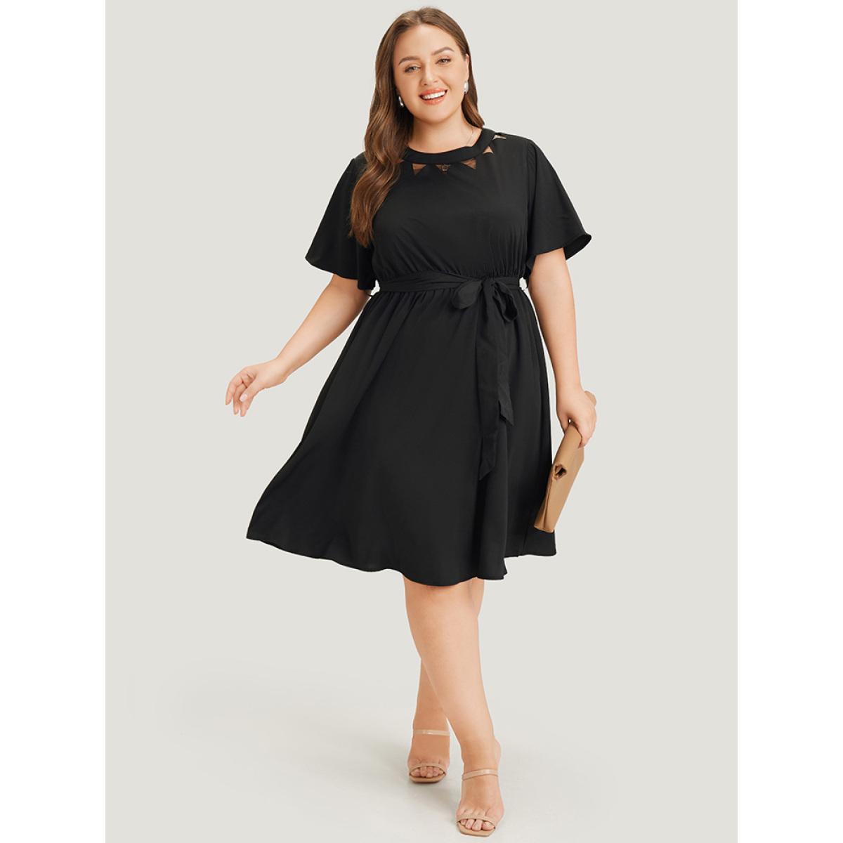 Plus Size Anti-Wrinkle Solid Flutter Belted Pocket Mesh Cut Out Dress Black Women Office See through Round Neck Short sleeve Curvy Midi Dress BloomChic 12/L Product Image
