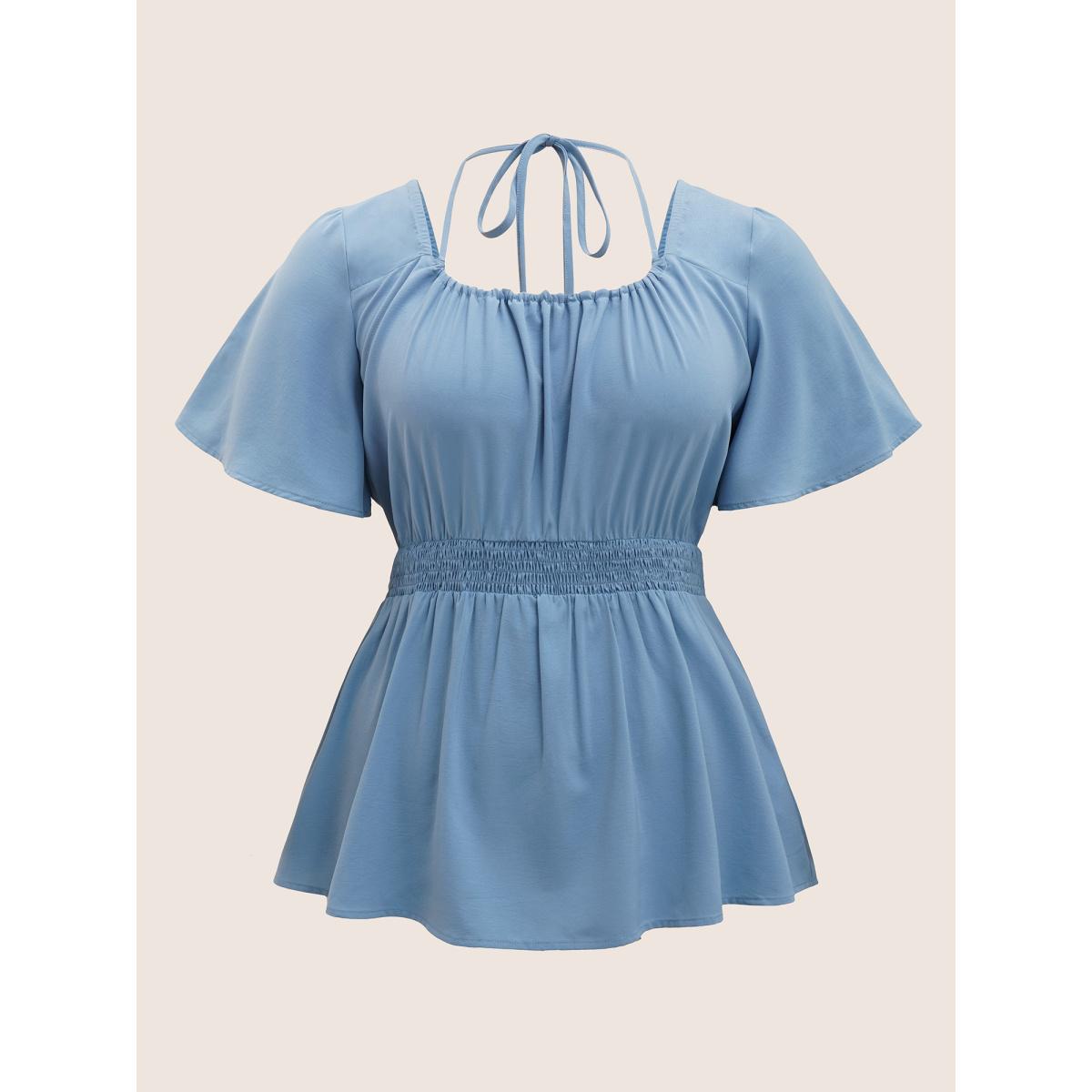 Plus Size LightBlue Plain Halter Neck Shirred Tie Knot Blouse Women Elegant Short sleeve Halter neck Everyday Blouses BloomChic 10/M Product Image