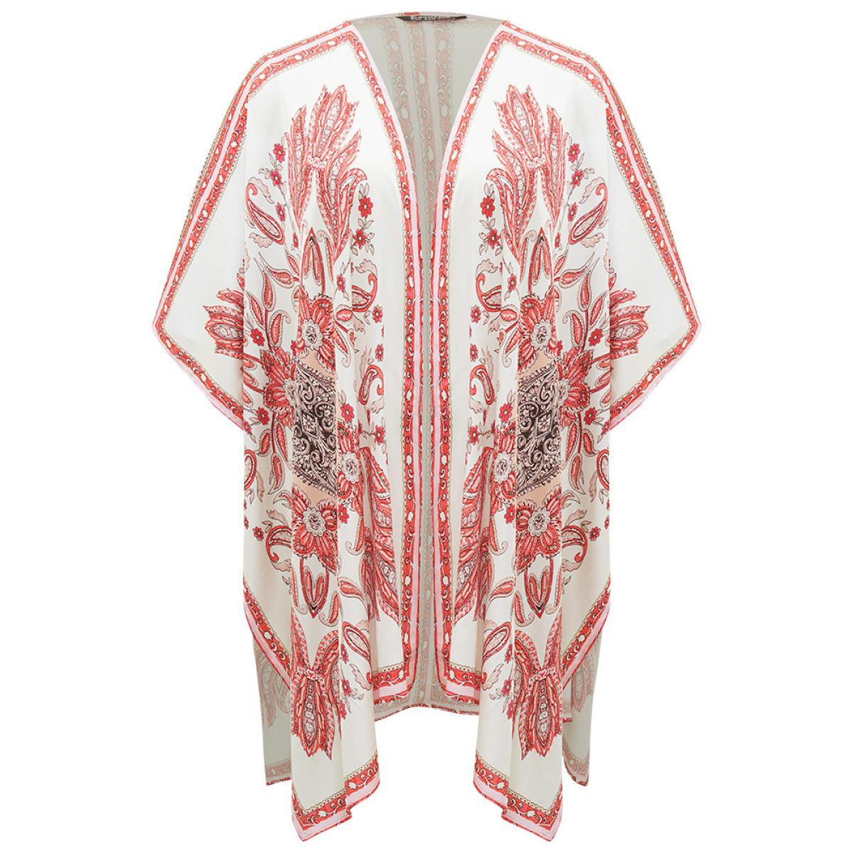 Plus Size Paisley Print Asymmetrical Hem Drape Kimono Women Brown Casual Drape Loose Dailywear Kimonos BloomChic 18-20/2X Product Image