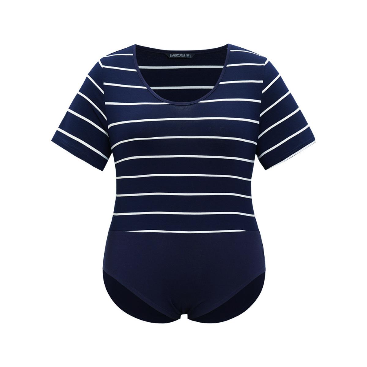 Plus Size Striped Contrast Patchwork Crew Neck Bodysuit Women Midnight Striped Bodysuits BloomChic 14-16/1X Product Image