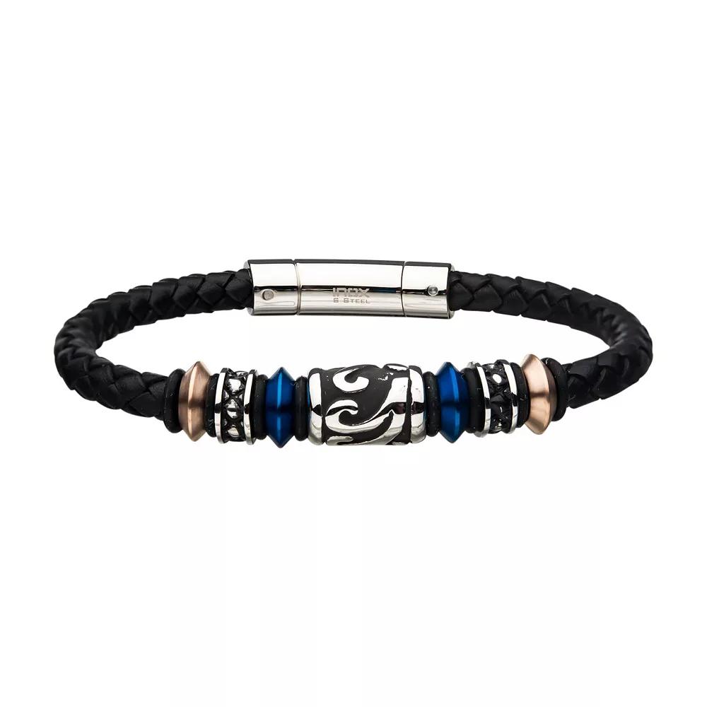 Men's Black Leather & Stainless Steel Beaded Bracelet, Size: 8", Silver Tone Product Image
