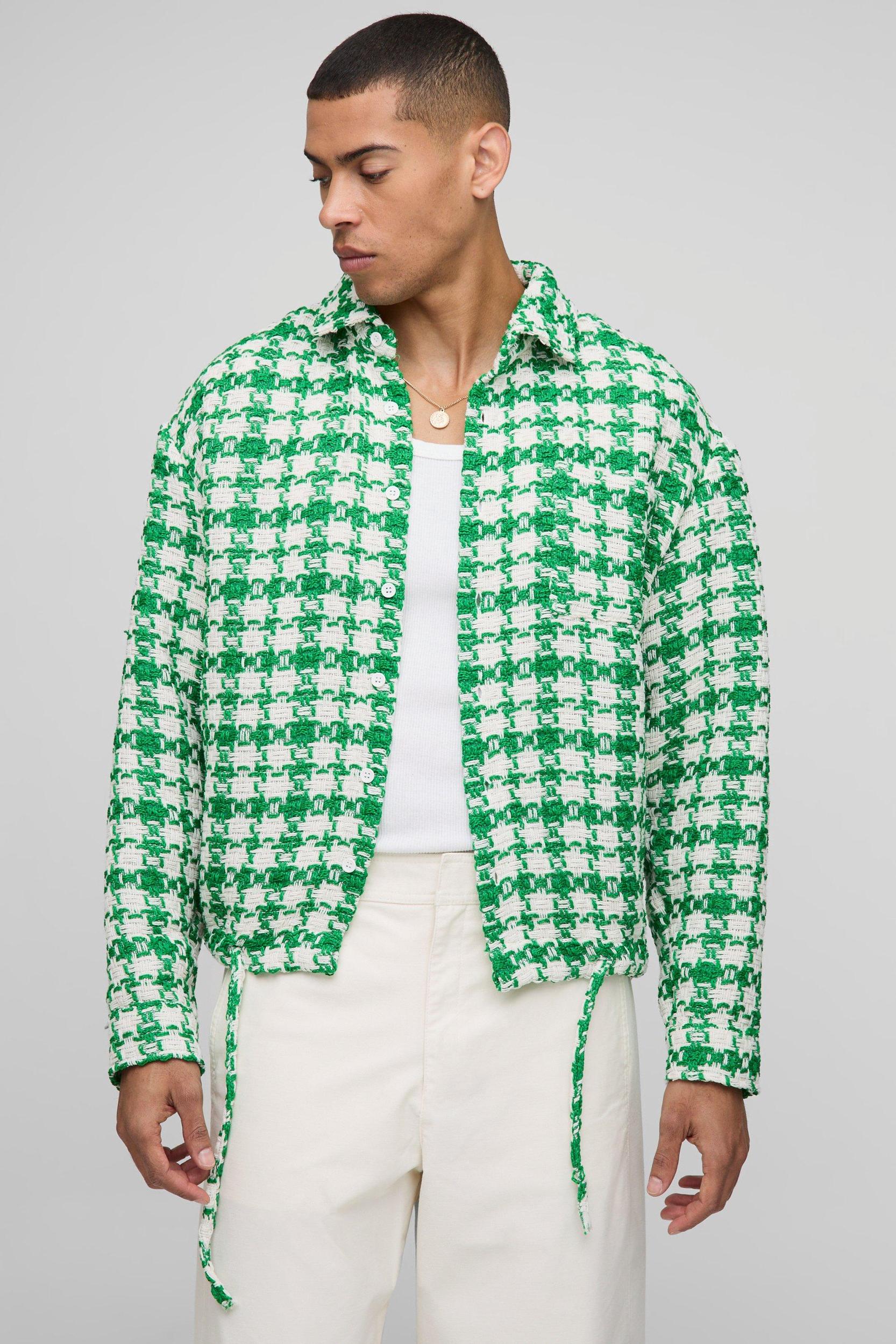 Oversized Boucle Bungee Hem Check Overshirt | boohooMAN USA Product Image