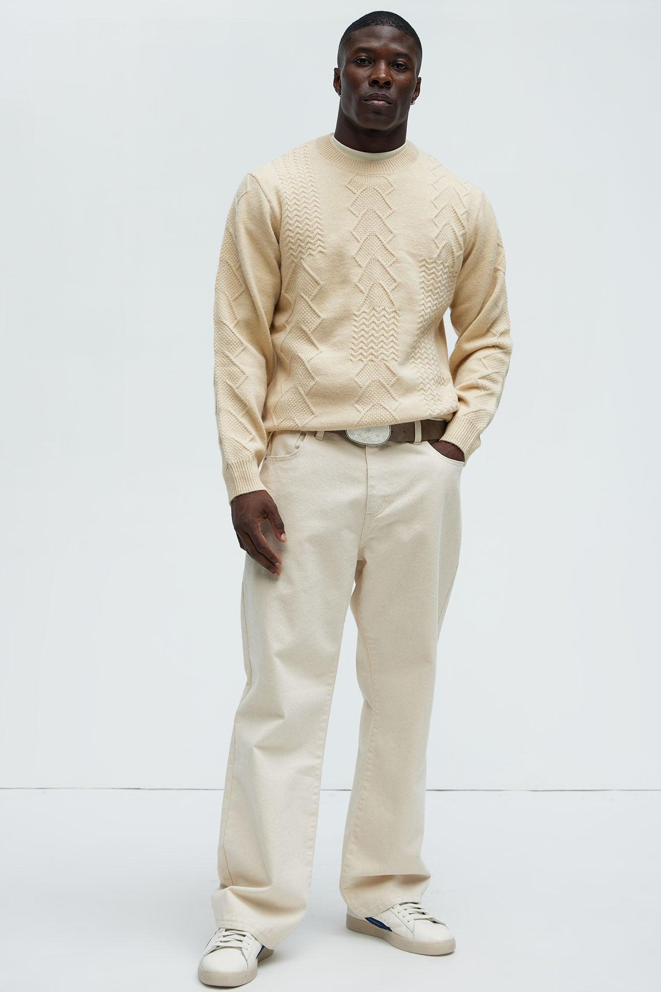 Argus Mixed Cable Knit Crewneck Sweater - Beige Product Image