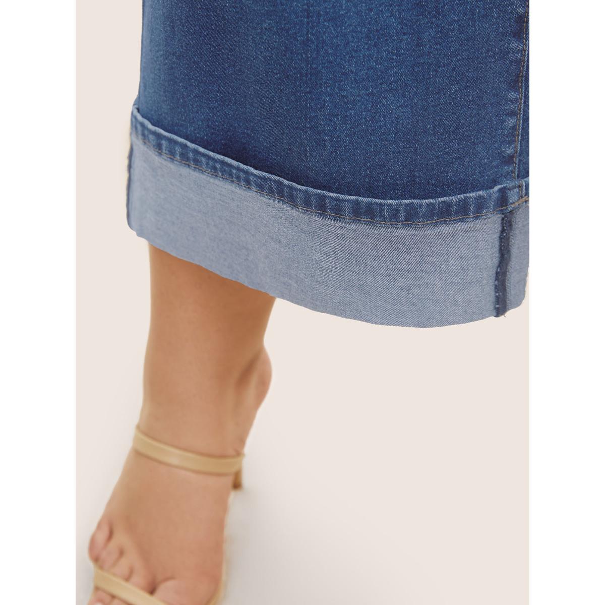 Plus Size Dark Wash Roll Hem Cropped Wide Leg Jeans Women Midblue Casual High stretch Slanted pocket Jeans BloomChic 12/L Product Image