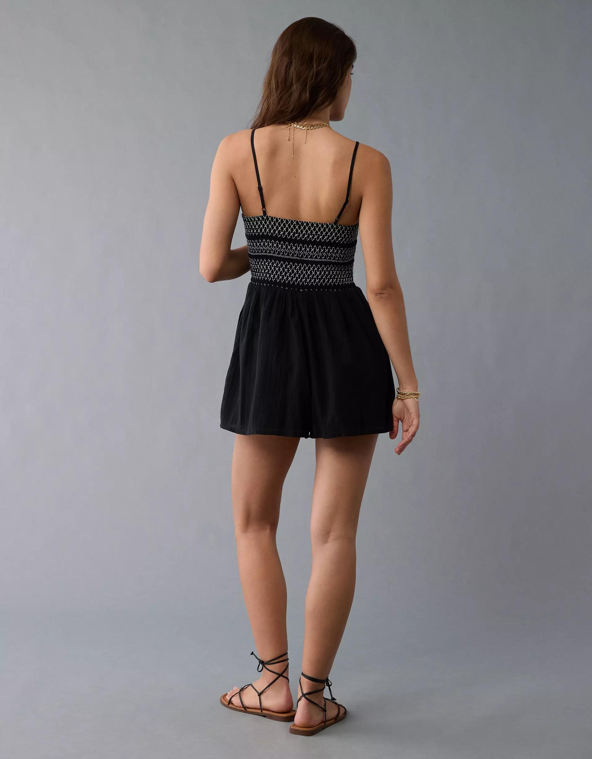 AE Textured Smocked V-Neck Romper Product Image