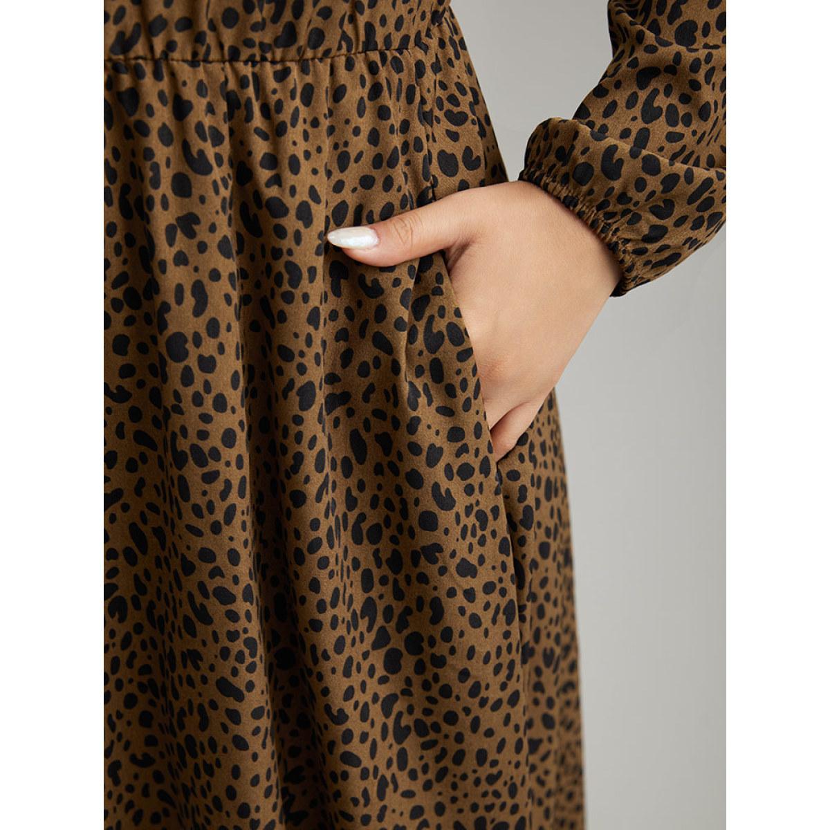Plus Size Leopard Print Pocket Split Side Keyhole Dress DarkBrown Women Elegant Elastic cuffs Round Neck Long Sleeve Curvy Midi Dress BloomChic 22-24/3X Product Image