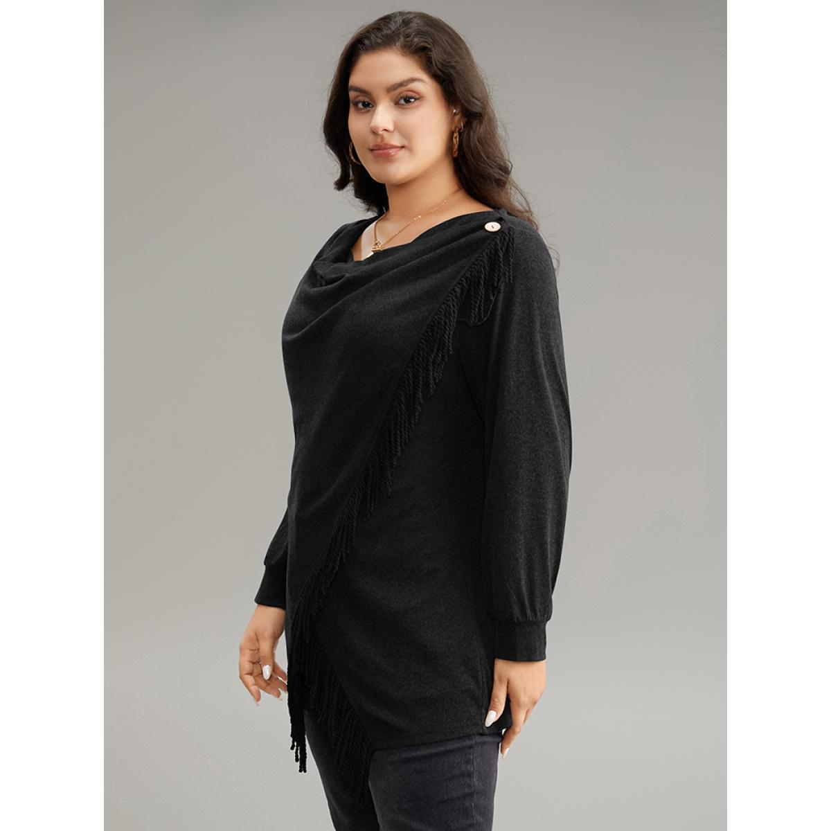 Plus Size Cowl Neck Tassels Button Detail Wrap Sweatshirt Women Black Elegant Wrap Cowl Neck Everyday Sweatshirts BloomChic 18-20/2X Product Image