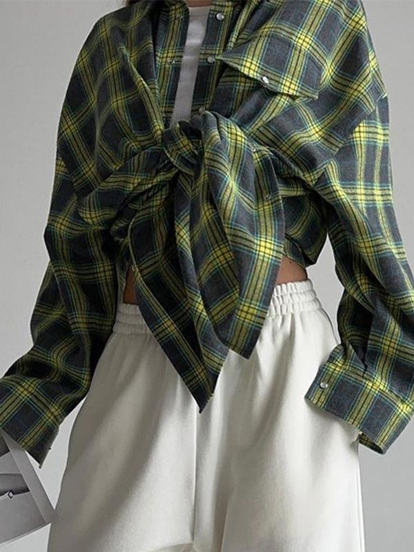 Vintage Plaid Print Long Sleeve Blouse Product Image