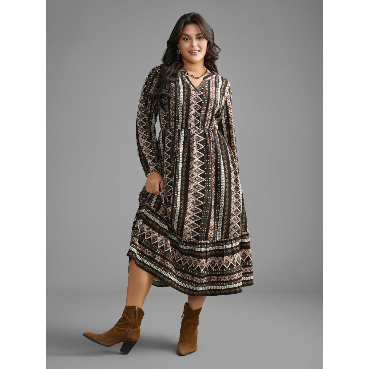 Plus Size Bandana Lantern Sleeve Ruffle Hem Dress Black Women Resort Non Notched collar Long Sleeve Curvy BloomChic 28/5X Product Image