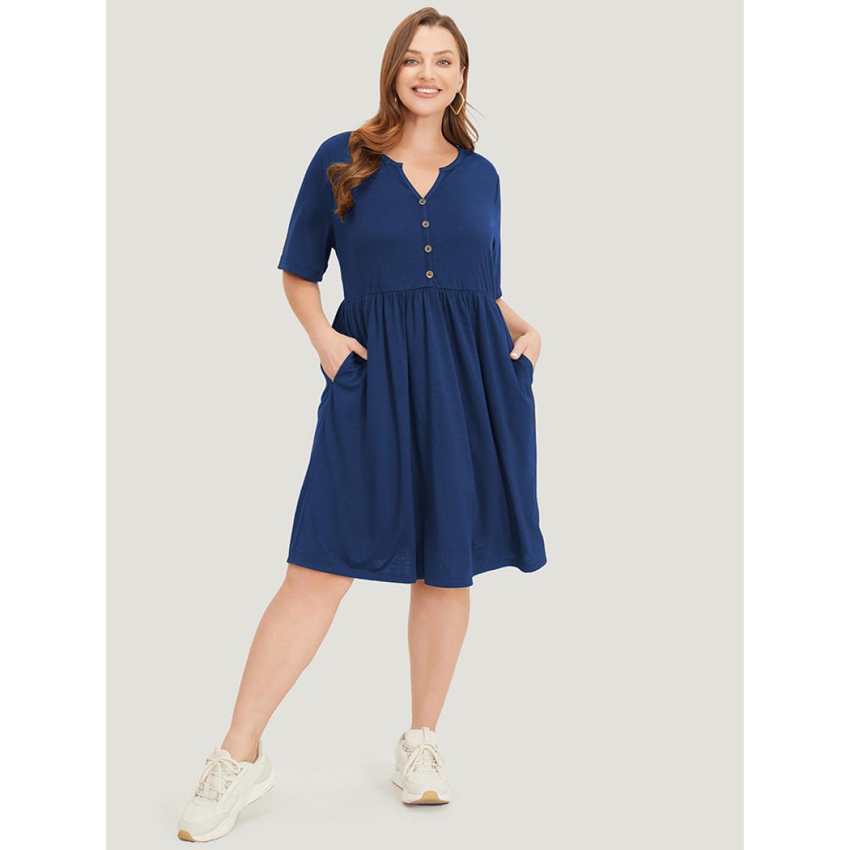 Plus Size Solid Notched Pocket Flutter Hem Dress DarkBlue Women Casual Elastic Waist Notched collar Short sleeve Curvy Midi Dress BloomChic 18-20/2X Product Image