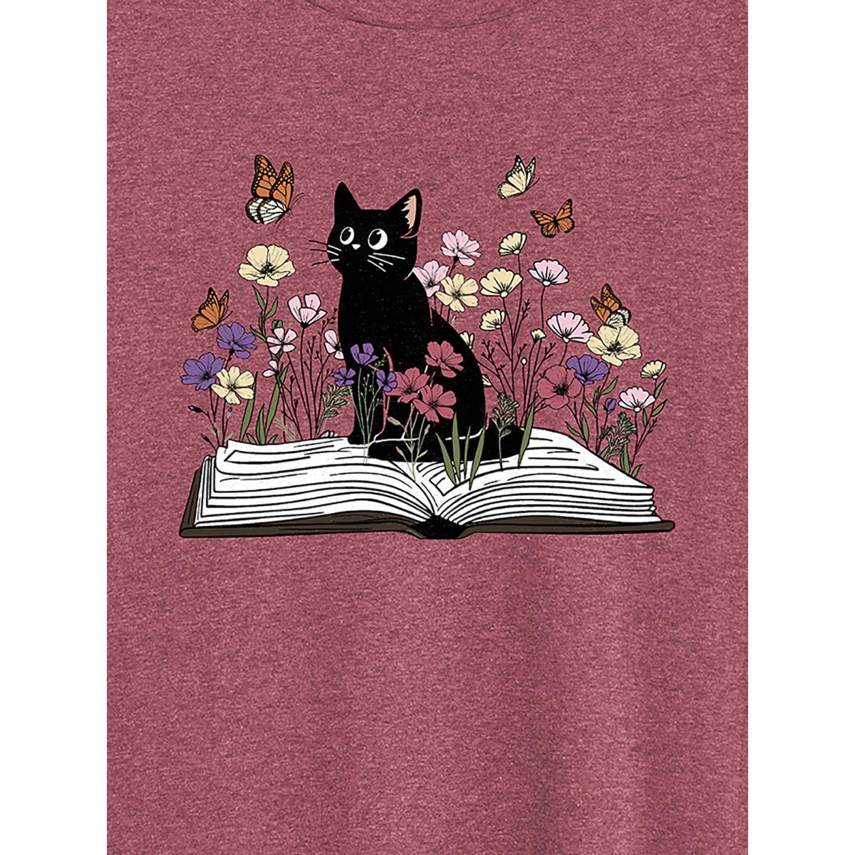 Plus Size Bookish Cat Printed Round Neck T-Shirt Plum Women Non Animals Round Neck Everyday-Casual T-shirts BloomChic 30/6X Product Image