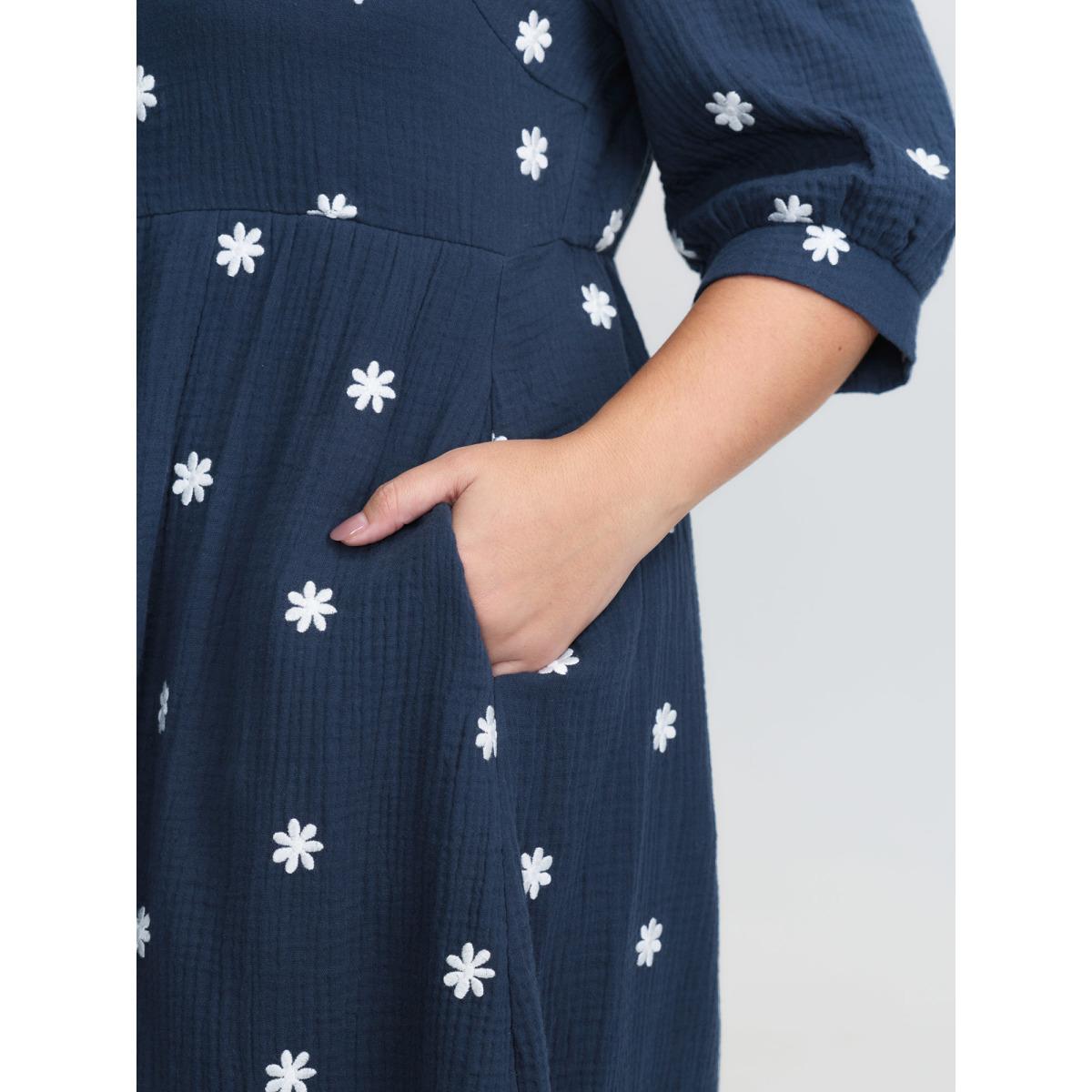 Plus Size Pure Cotton Embroidered Square Neck Midi Dress Navy Women Leisure Embroidered Square Neck Elbow-length sleeve Curvy BloomChic 30/6X Product Image