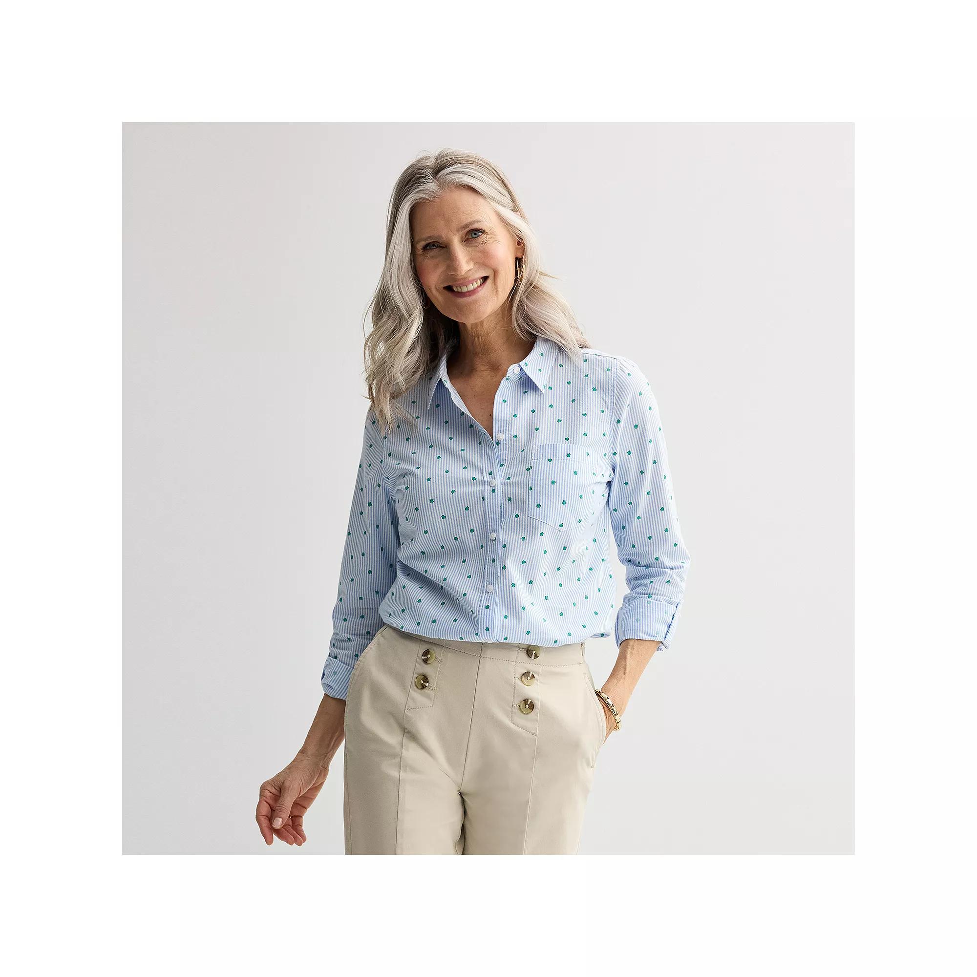 Women's Croft & Barrow® Essential One Pocket Button Down Shirt, Size: Large, Shamrock Stripe Product Image