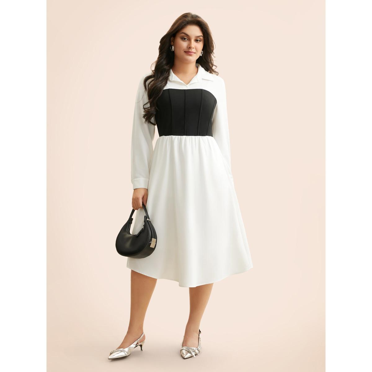 Plus Size Contrast Patchwork Pleated Midi Dress WhiteSmoke Women At the Office Contrast Shirt collar Long Sleeve Curvy BloomChic 28/5X Product Image