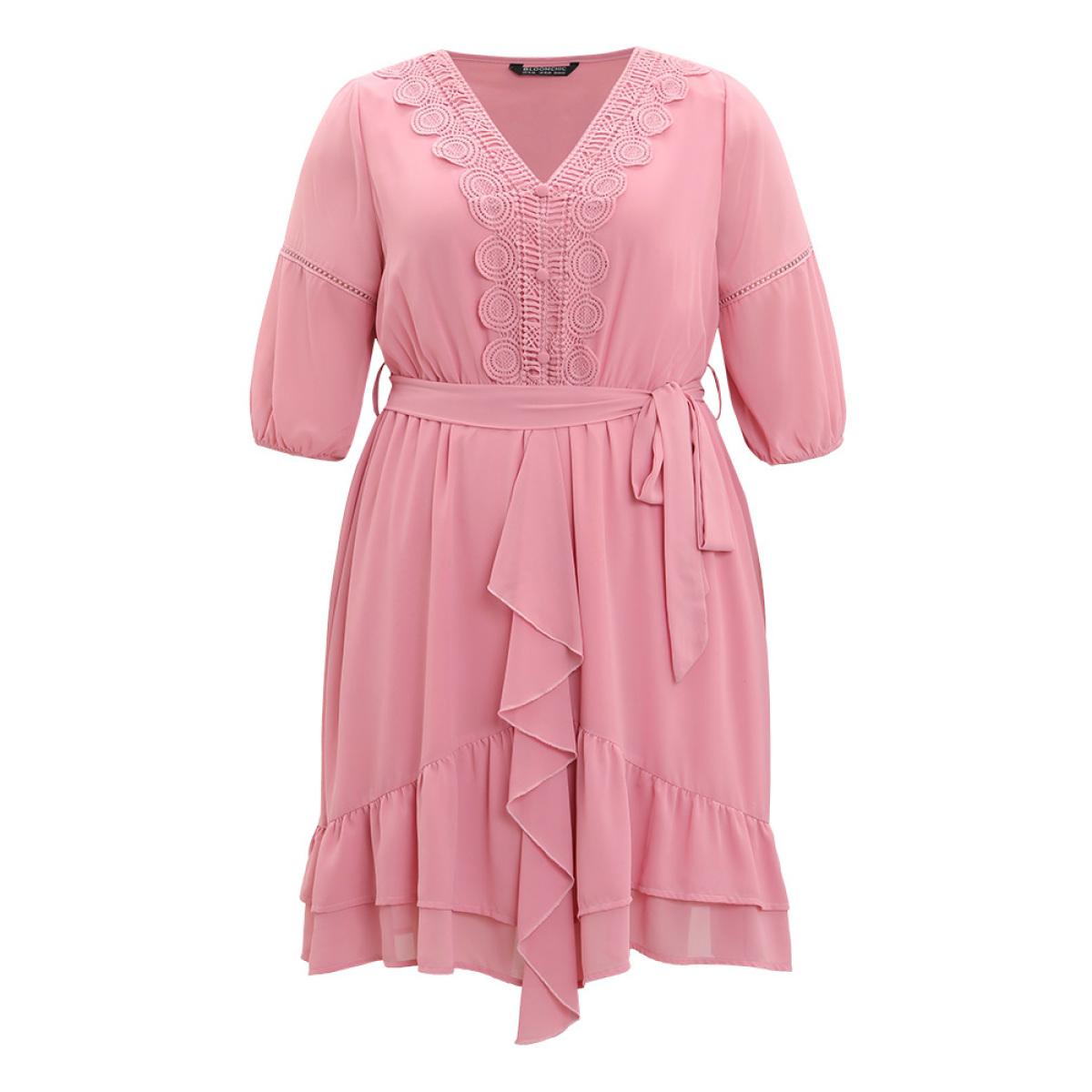 Plus Size Lace Panel Ruffle Trim Belted Lantern Sleeve Dress Pink Women Vacation Patchwork V-neck Elbow-length sleeve Curvy Knee Dress BloomChic 26/4X Product Image