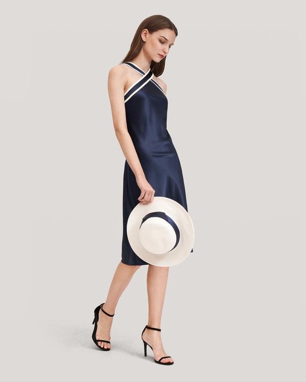 Glossy Camellia Silk Halter-Neck Dress Product Image