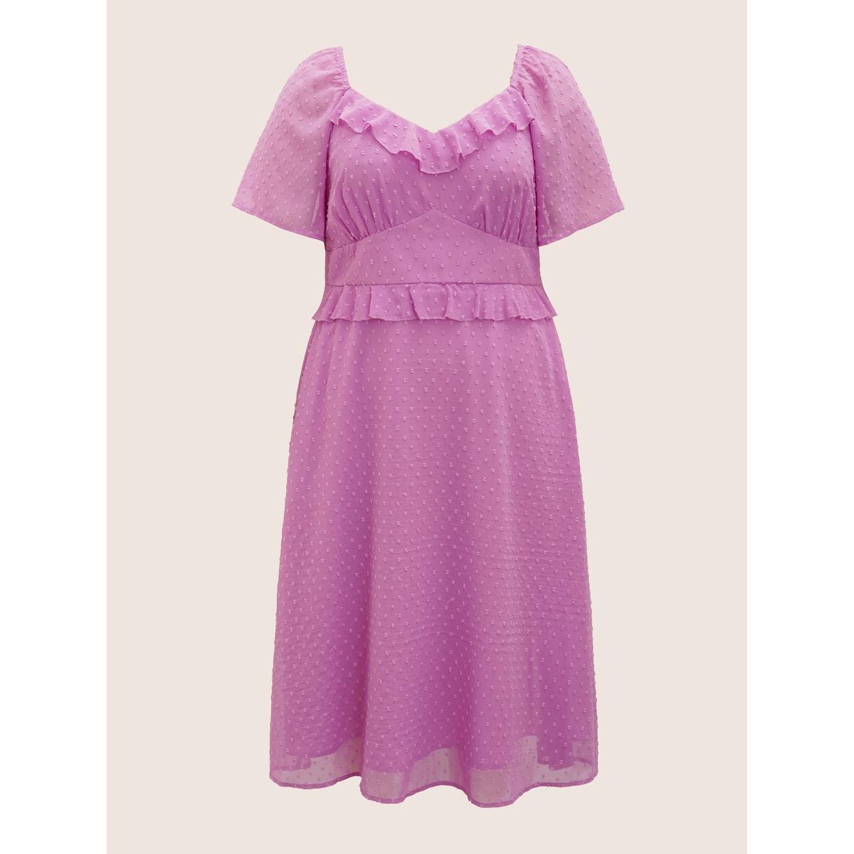 Plus Size Textured Ruffles Shirred Raglan Sleeve Dress RedViolet Women Elegant Texture Heart neckline Half Sleeve Curvy BloomChic 26/4X Product Image