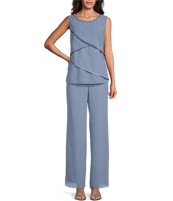 Le Bos Pebble Georgette Satin Trim Tiered Beaded Crew Neck 3/4 Sleeve 3-Piece Pant Set Product Image