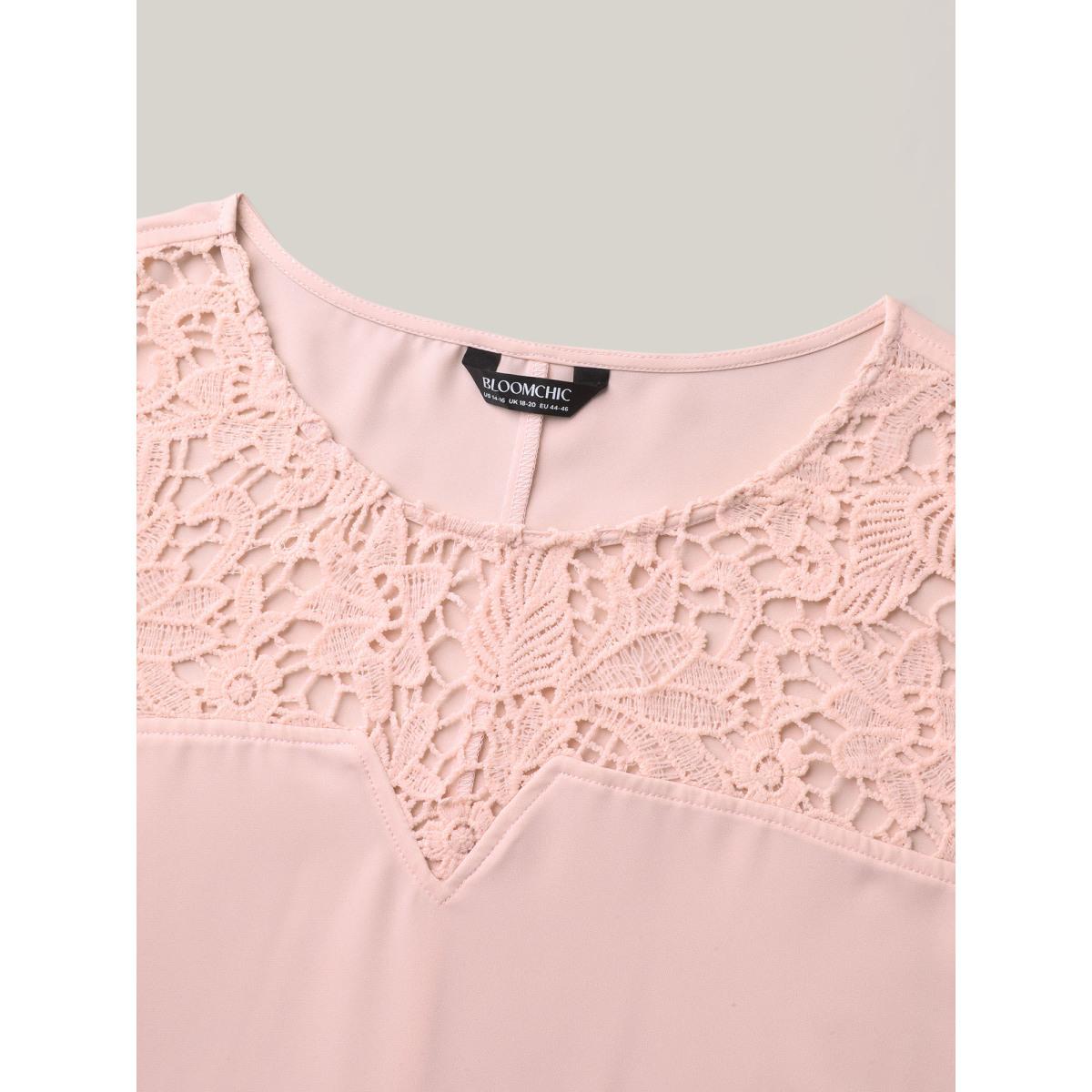 Plus Size Nudepink Sheer Lace Neck Half Sleeve Shirt Women Elegant Short sleeve Round Neck Everyday Blouses BloomChic 18-20/2X Product Image