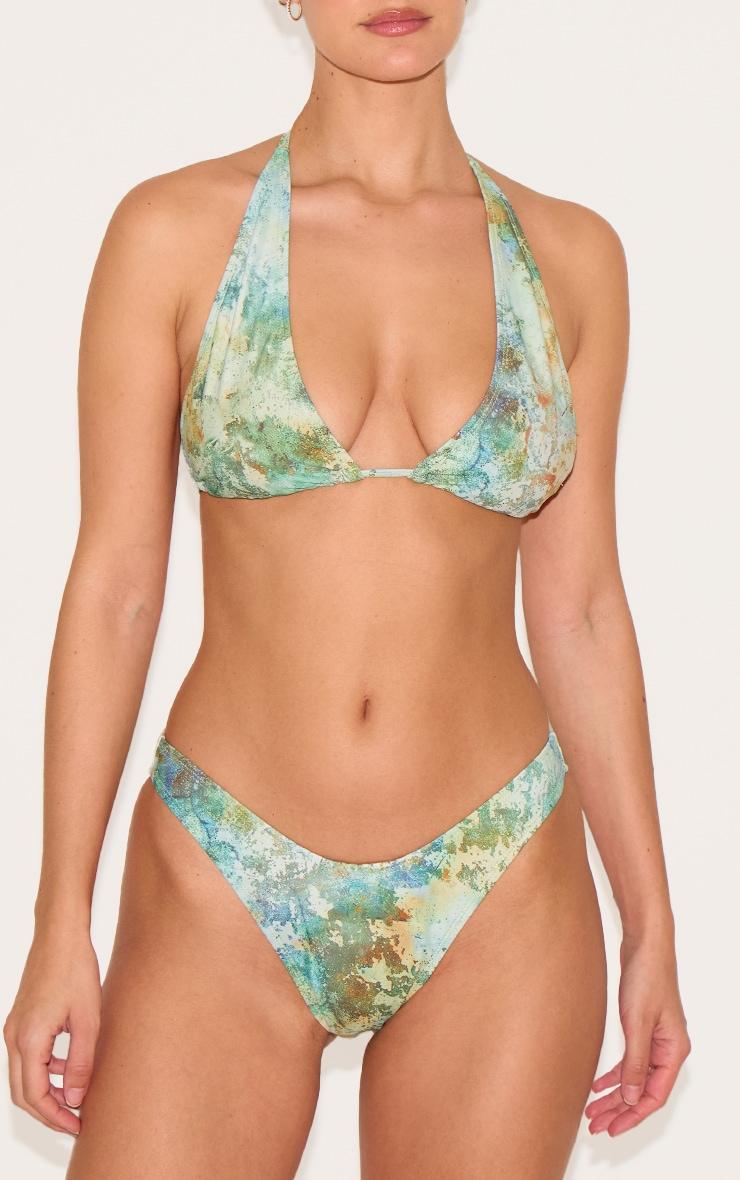 Green Mottled Print High Leg Bikini Bottoms Product Image