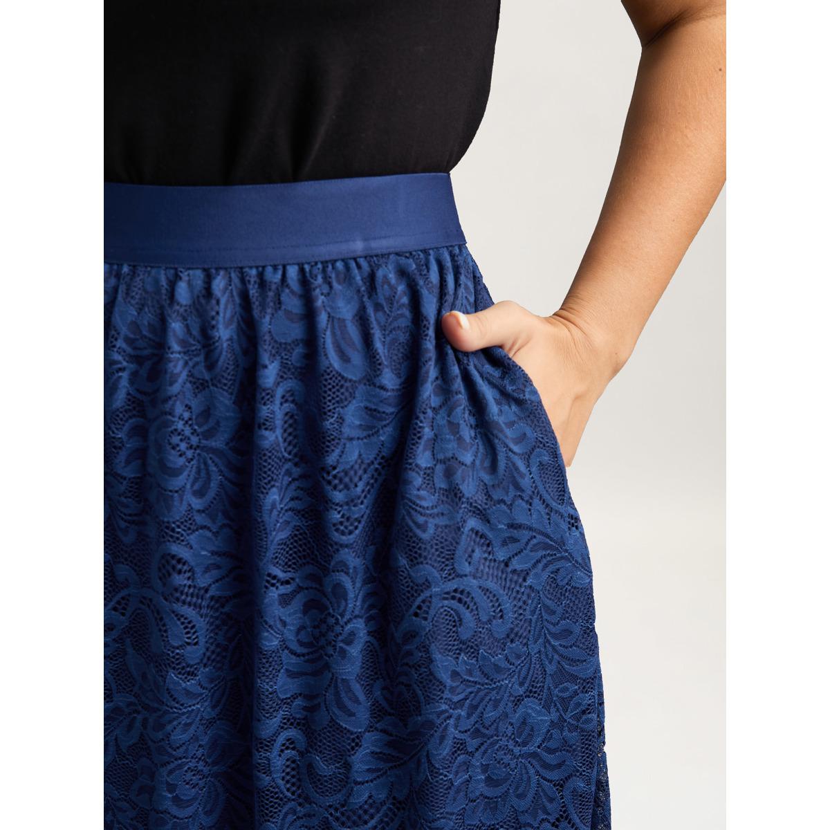Plus Size Stretchy-Waist Pleated Lace Midi Skirt Women Indigo Elegant Tiered Low stretch Side seam pocket Everyday Skirts BloomChic 30/6X Product Image