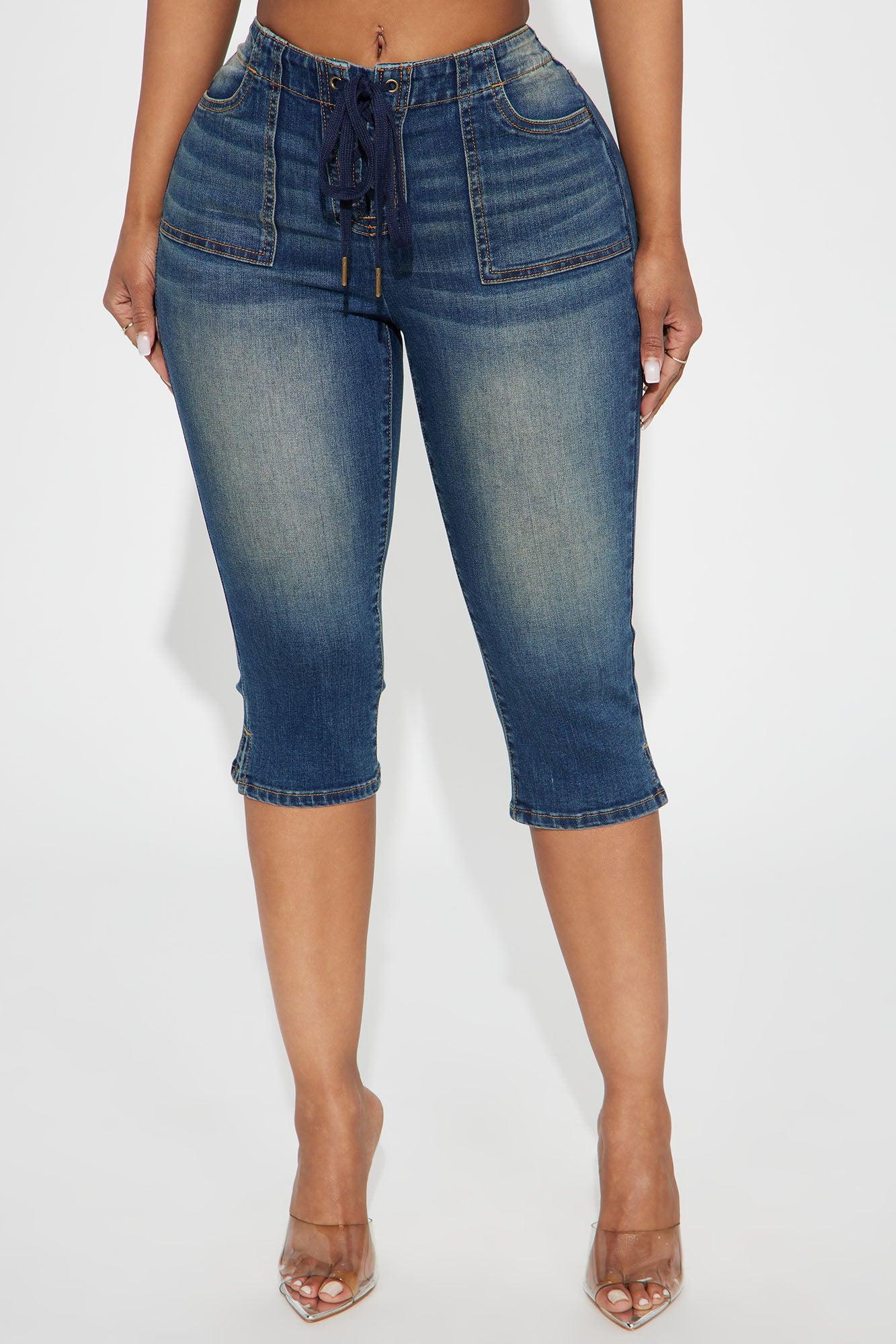 Leveled Up Lace Up Stretch Denim Capris - Dark Wash Product Image