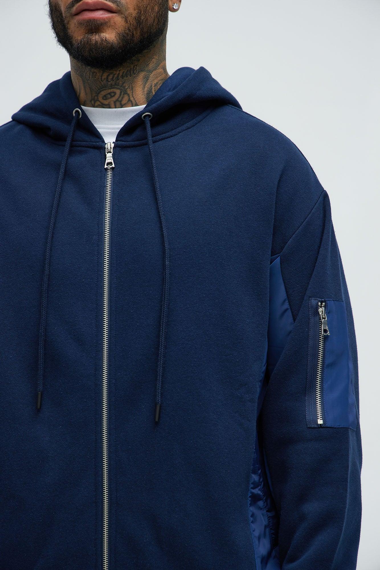 Tyson Faux Bomber Zip Up Hoodie - Navy Product Image