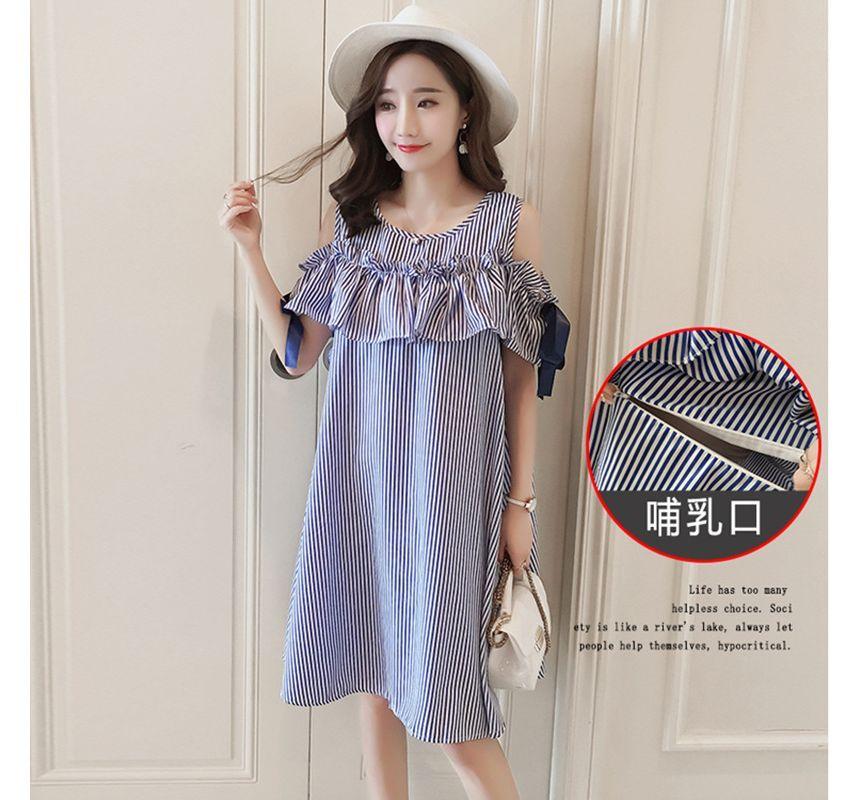 Maternity Short-Sleeve Round Neck Cold Shoulder Striped A-Line Dress Product Image