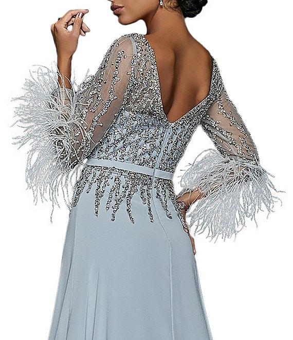 Terani Couture Cascade Beaded Boat Neck Feather Cuff Sleeve Belted A-Line Gown Product Image