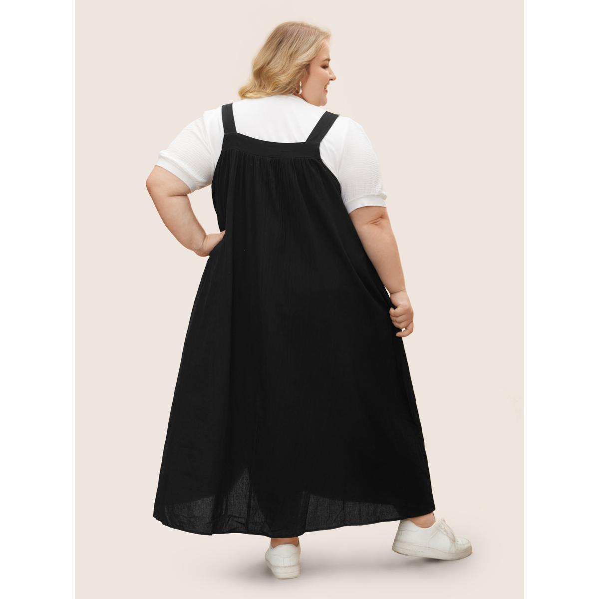 Plus Size Cotton Solid Adjustable Straps Pocket Midi Dress Black Women Leisure Gathered Non Sleeveless Curvy BloomChic 18-20/2X Product Image