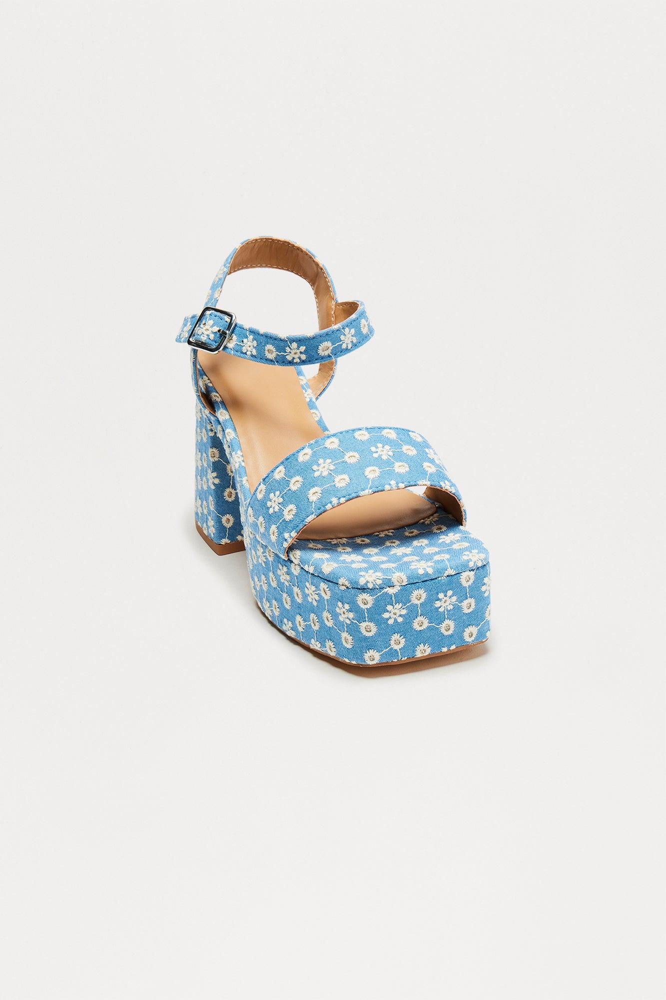 Paisley Floral Ankle Strap Platform Heels - Light Blue Product Image