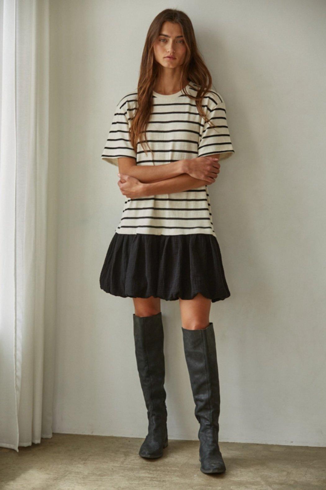 Knit Striped Short Sleeve Mini Bubble Dress Product Image