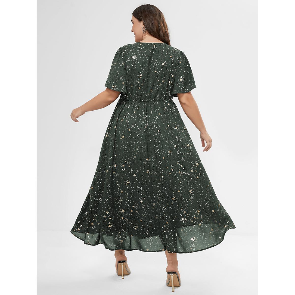 Moon and Star Galaxy Print Plus Size Dress Women Party Pocket Ruffle Sleeve Short Sleeve V Neck Pocket Going out Long Dress BloomChic Product Image