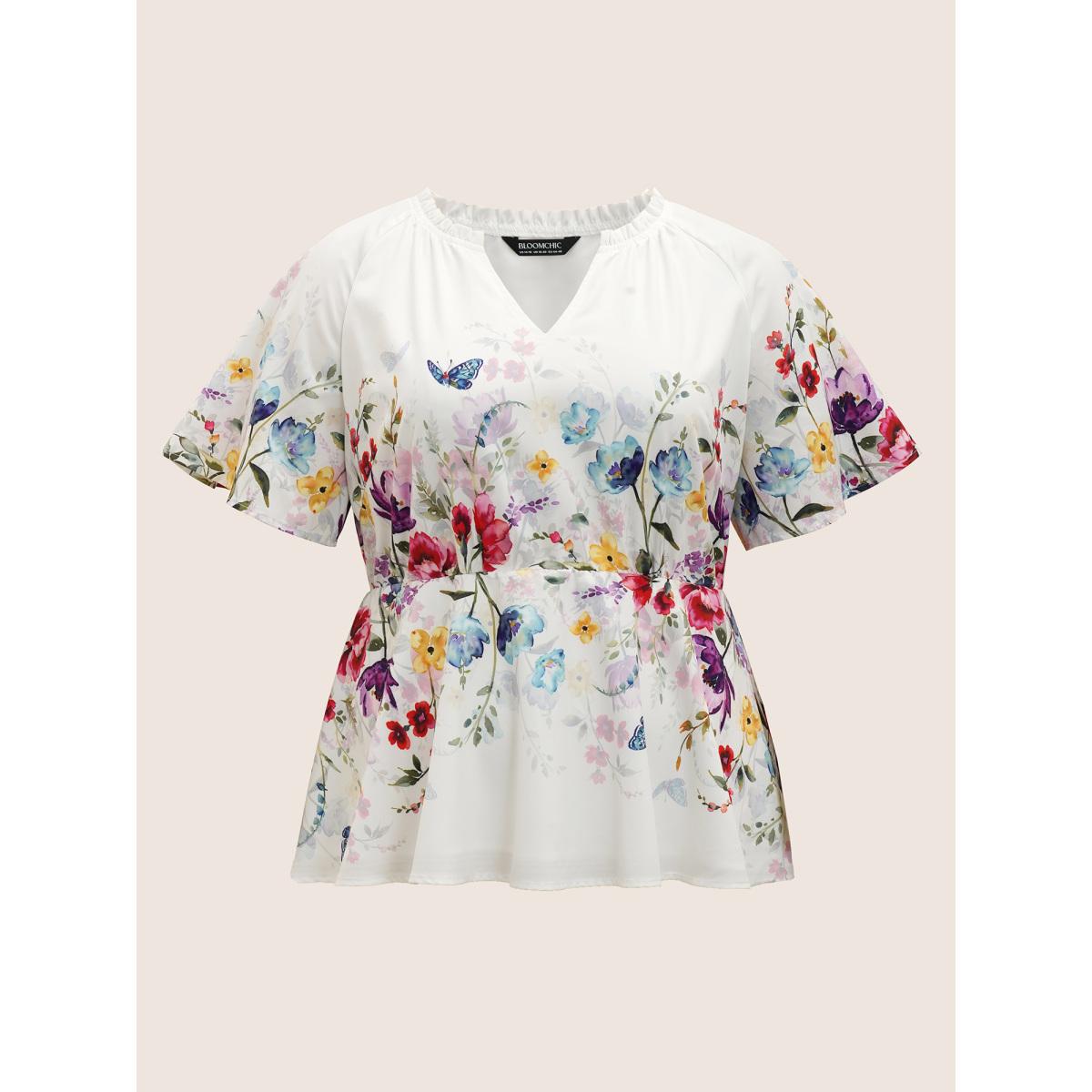 Plus Size Multicolor Floral Flat Collar With V Notch Frill Trim Blouse Women Timeless Short sleeve Flat collar with V-notch Elegant Blouses BloomChic 22-24/3X Product Image