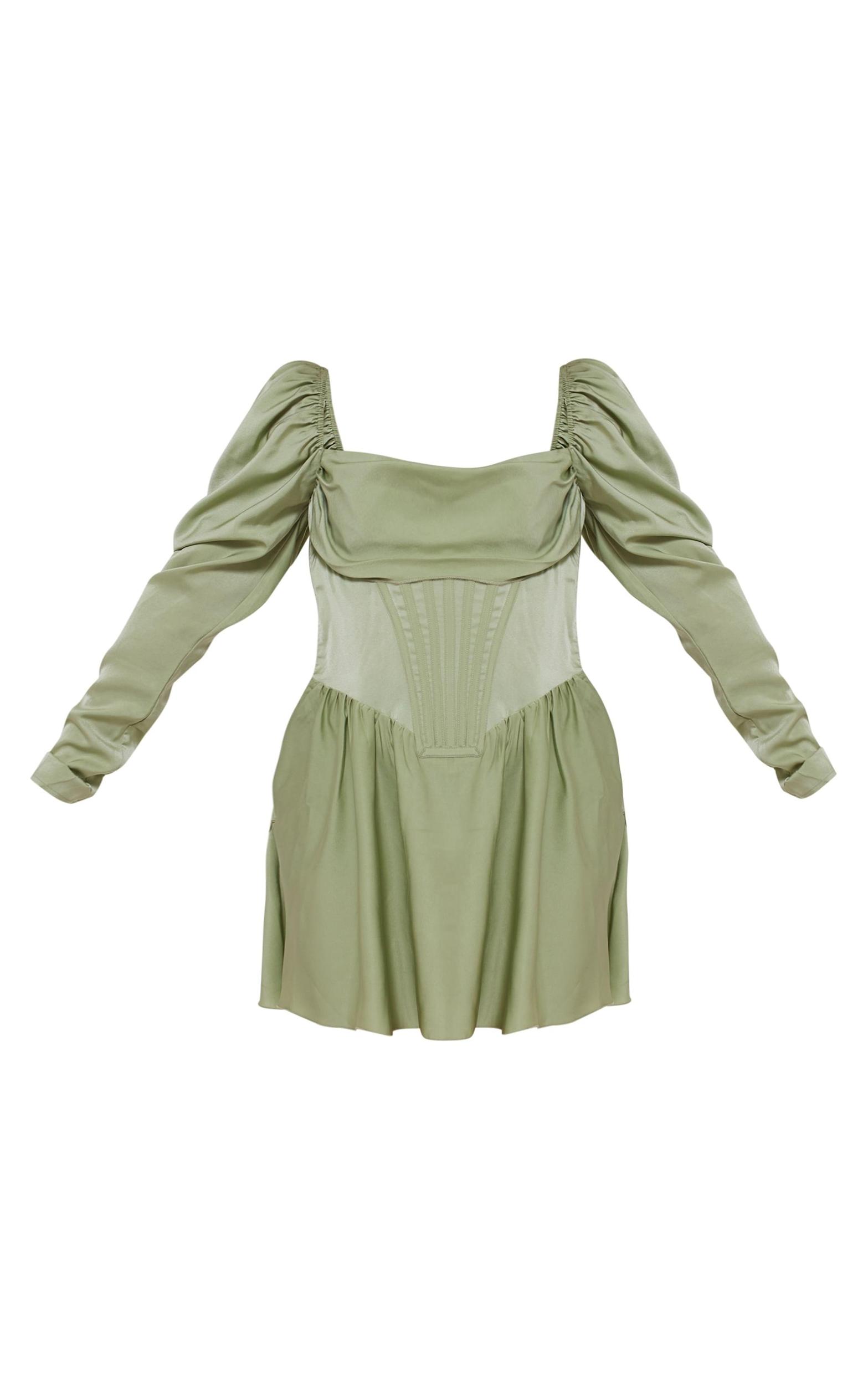 Plus Sage Green Satin Corset Detail Puffball Shift Dress Product Image